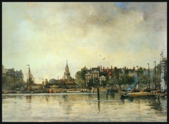 Framed Johan Hendrik Van Mastenbroek a townview with moored vessels along a quay painting