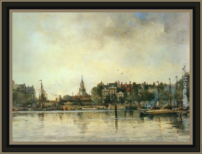 Framed Johan Hendrik Van Mastenbroek a townview with moored vessels along a quay painting