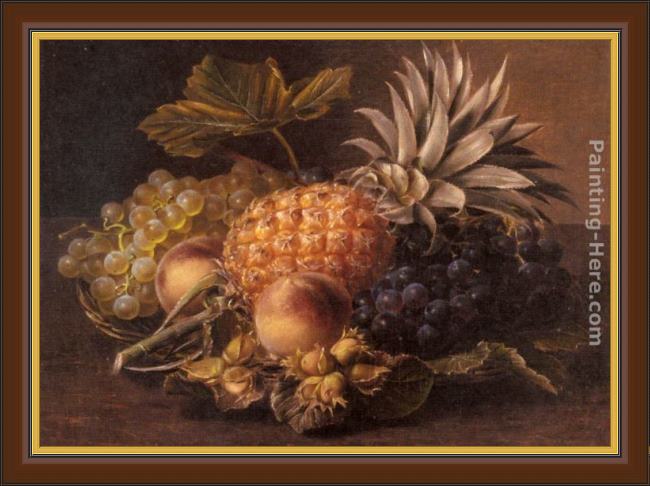 Framed Johan Laurentz Jensen grapes, a pineapple, peaches and hazelnuts in a basket painting