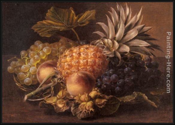 Framed Johan Laurentz Jensen grapes, a pineapple, peaches and hazelnuts in a basket painting
