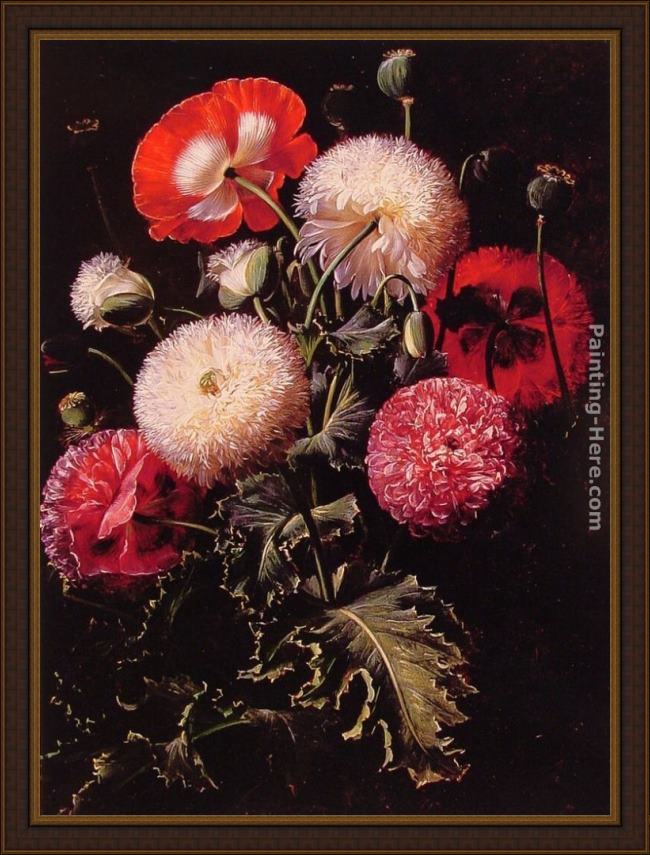 Framed Johan Laurentz Jensen still life with pink, red and white poppies painting