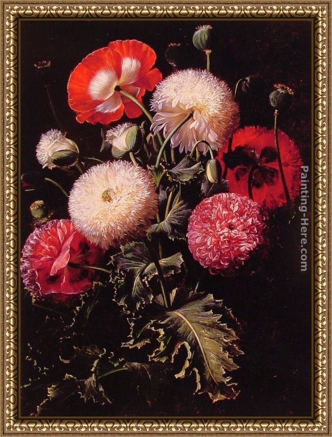 Framed Johan Laurentz Jensen still life with pink, red and white poppies painting