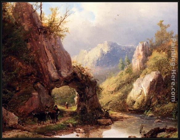 Framed Johann Bernard Klombeck a mountain valley with a peasant and cattle passing along a stream painting