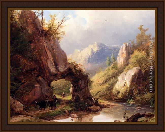 Framed Johann Bernard Klombeck a mountain valley with a peasant and cattle passing along a stream painting