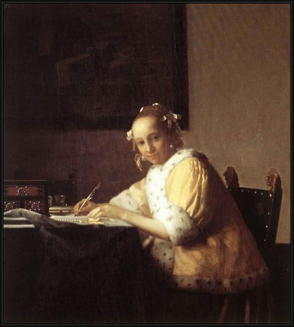 Framed Johannes Vermeer a lady writing a letter painting