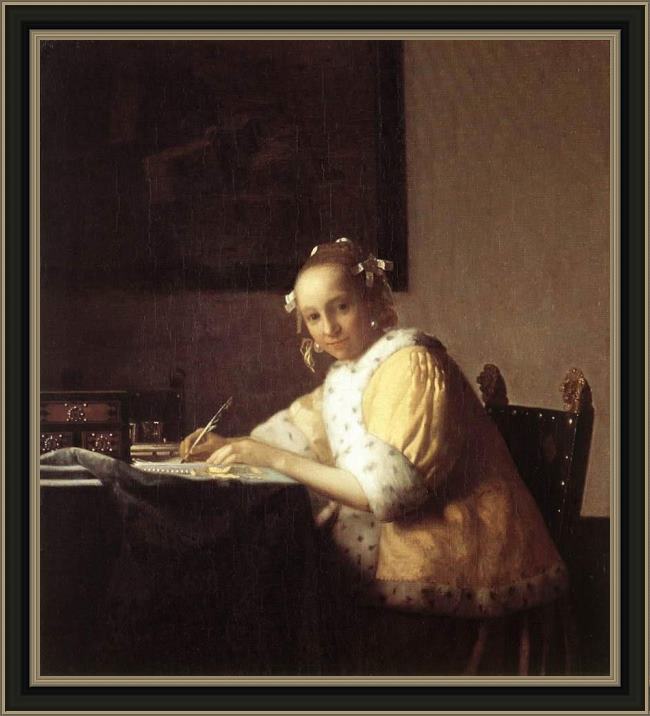 Framed Johannes Vermeer a lady writing a letter painting