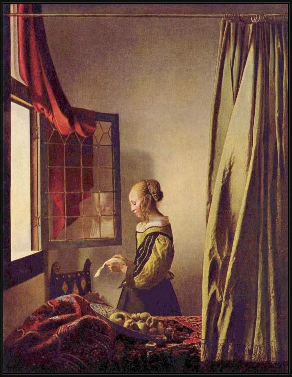 Framed Johannes Vermeer girl reading a letter at an open window painting