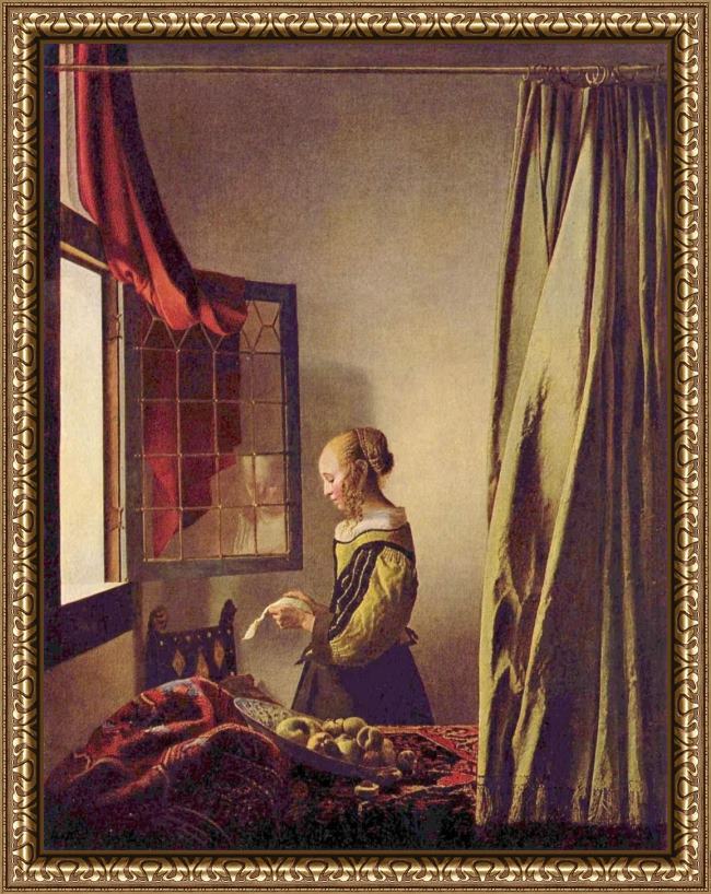 Framed Johannes Vermeer girl reading a letter at an open window painting