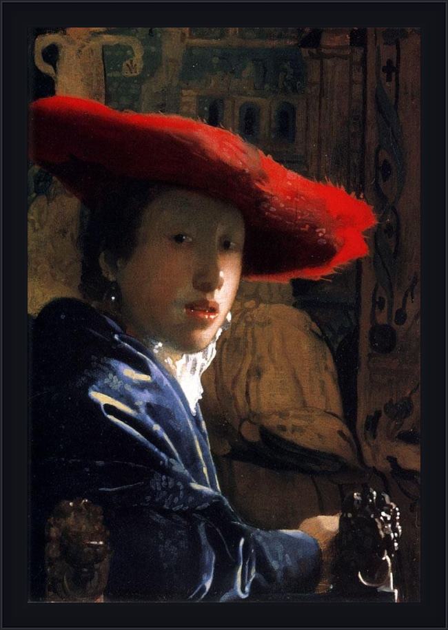 Framed Johannes Vermeer girl with a red hat painting