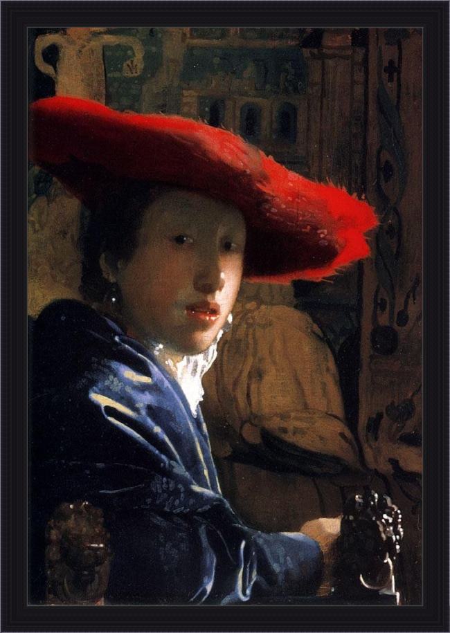 Framed Johannes Vermeer girl with a red hat painting