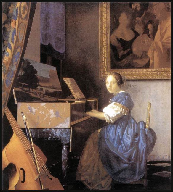 Framed Johannes Vermeer lady seated at a virginal painting