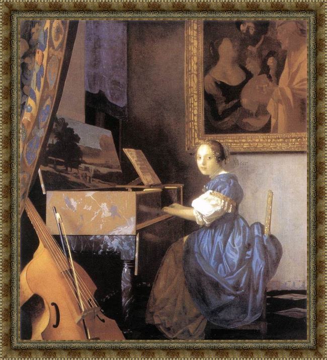 Framed Johannes Vermeer lady seated at a virginal painting