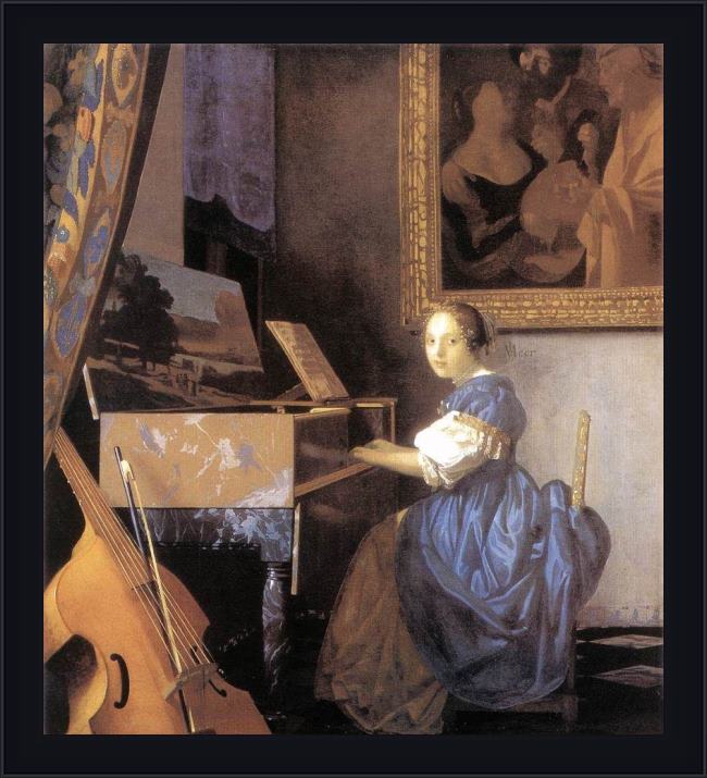 Framed Johannes Vermeer lady seated at a virginal painting