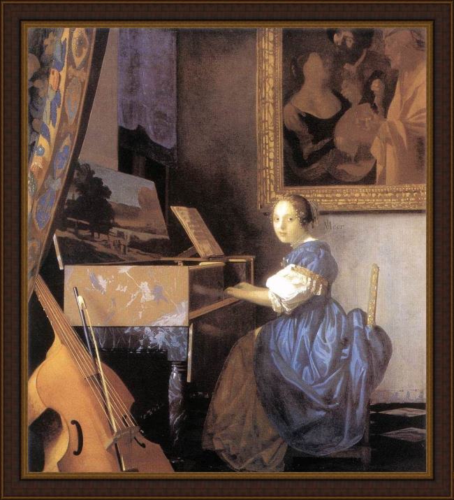 Framed Johannes Vermeer lady seated at a virginal painting