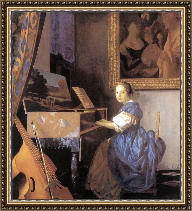 Framed Johannes Vermeer lady seated at a virginal painting