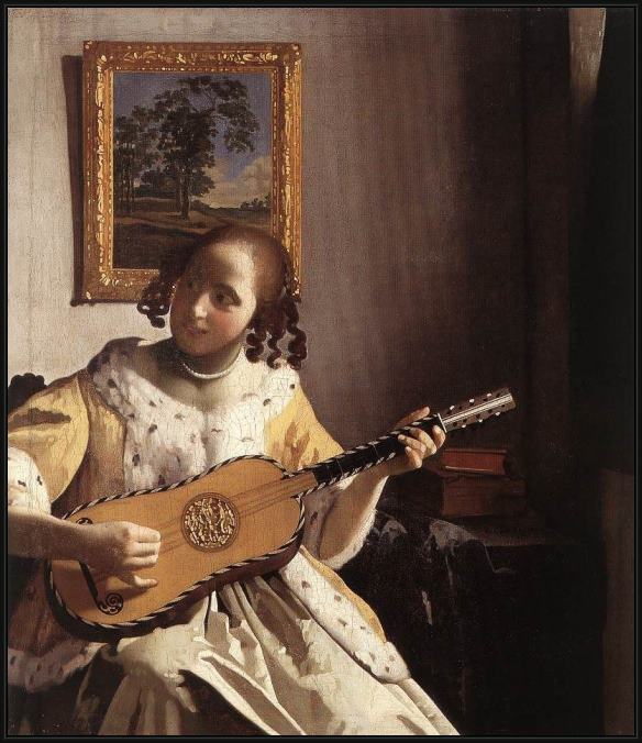 Framed Johannes Vermeer the guitar player painting