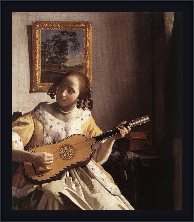 Framed Johannes Vermeer the guitar player painting