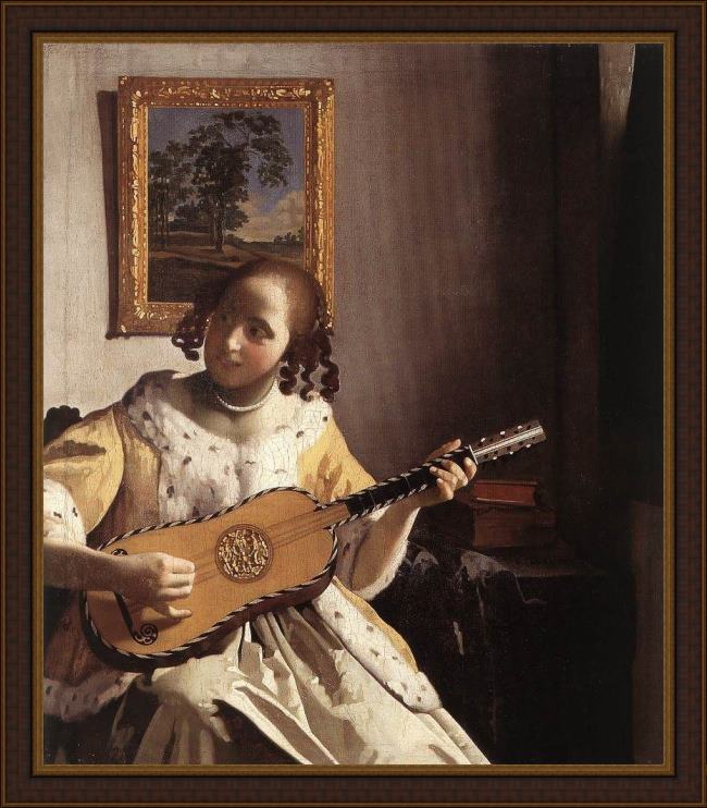 Framed Johannes Vermeer the guitar player painting