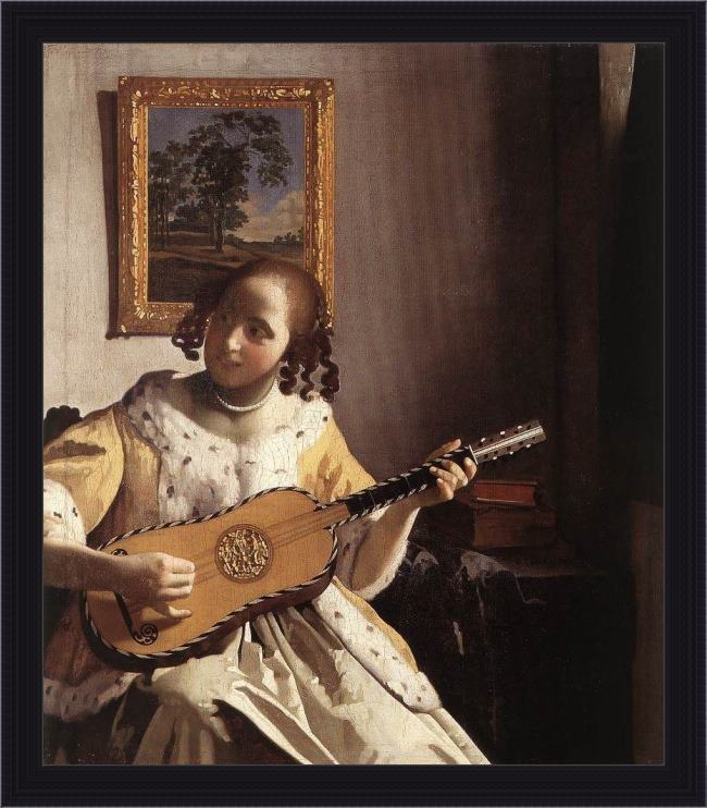 Framed Johannes Vermeer the guitar player painting