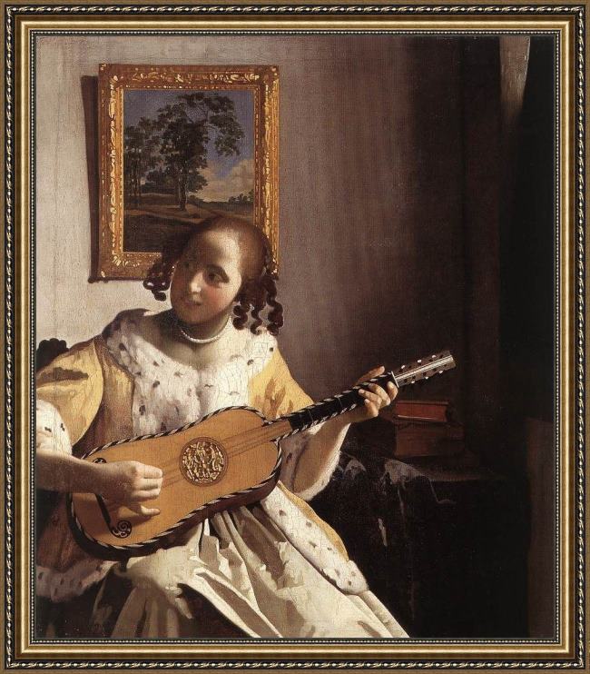 Framed Johannes Vermeer the guitar player painting