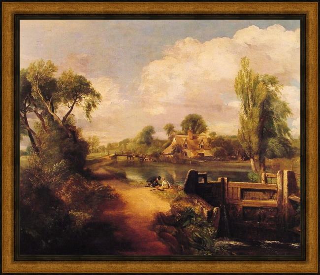 Framed John Constable landscape with boys fishing painting