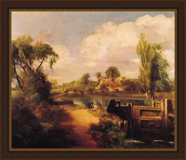 Framed John Constable landscape with boys fishing painting