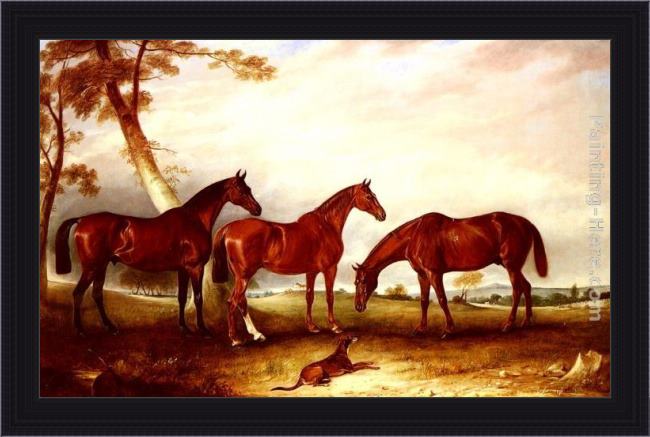 Framed John Ferneley Snr marvel, kingfisher and the lad, three hunters belonging to william angerstein, in a field with his dog spring painting