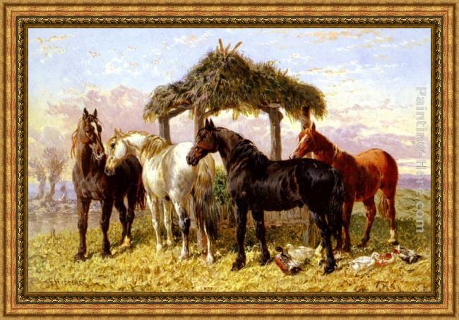 Framed John Frederick Herring Snr horses and ducks by a river painting