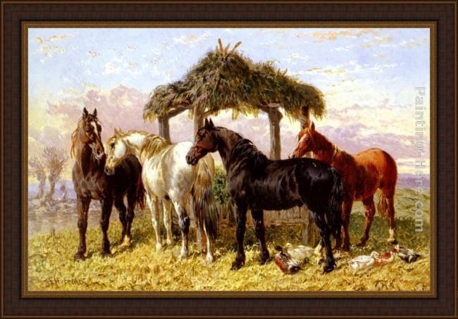 Framed John Frederick Herring Snr horses and ducks by a river painting