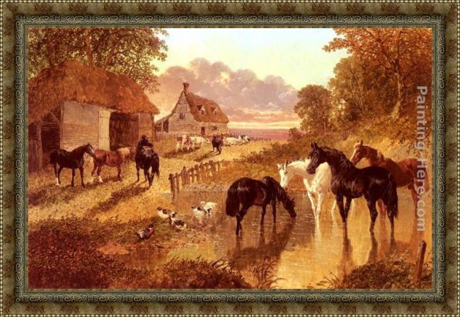 Framed John Frederick Herring Snr the evening hour - horses and cattle by a stream at sunset painting