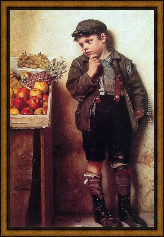 Framed John George Brown eyeing the fruit stand painting