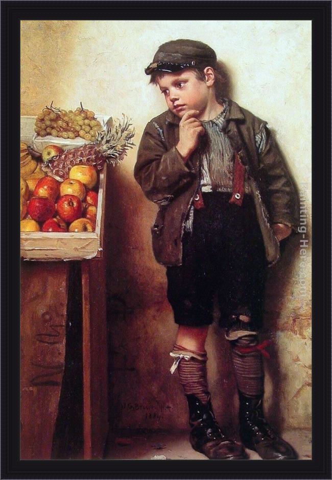 Framed John George Brown eyeing the fruit stand painting