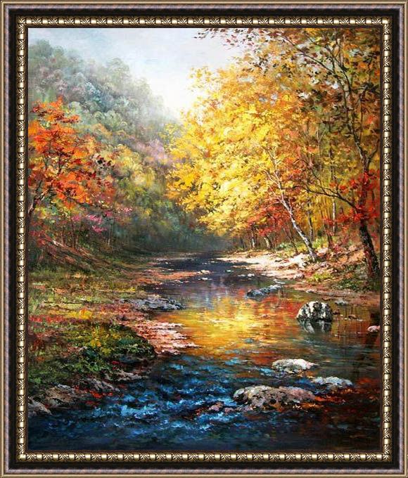 Framed John Ottis Adams beautiful trees with a quiet river painting
