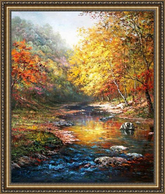 Framed John Ottis Adams beautiful trees with a quiet river painting