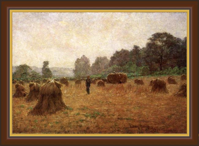Framed John Ottis Adams wheat wain afield painting