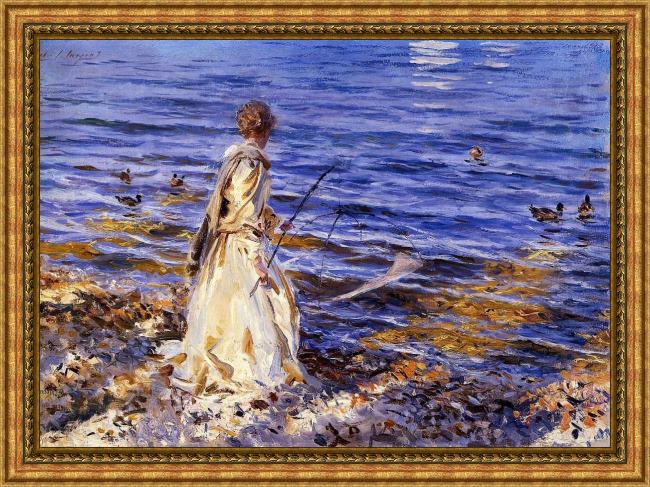 Framed John Singer Sargent girl fishing painting