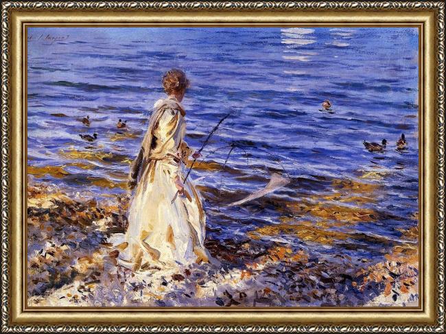 Framed John Singer Sargent girl fishing painting