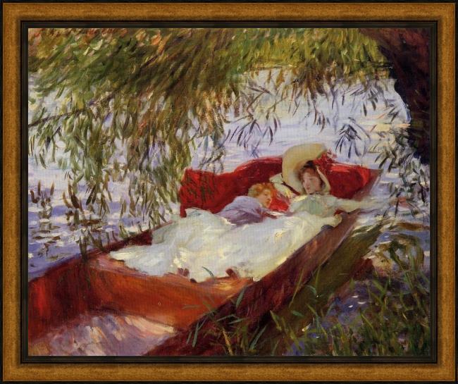 Framed John Singer Sargent two women asleep in a punt under the willows painting