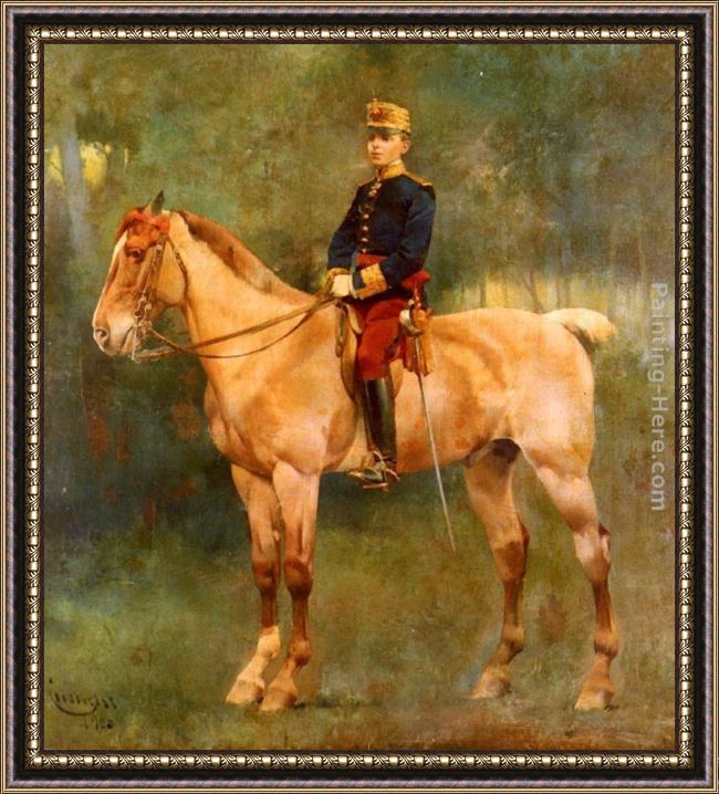 Framed Jose Cusachs y Cusachs a portrait of alfonso iii on horseback painting