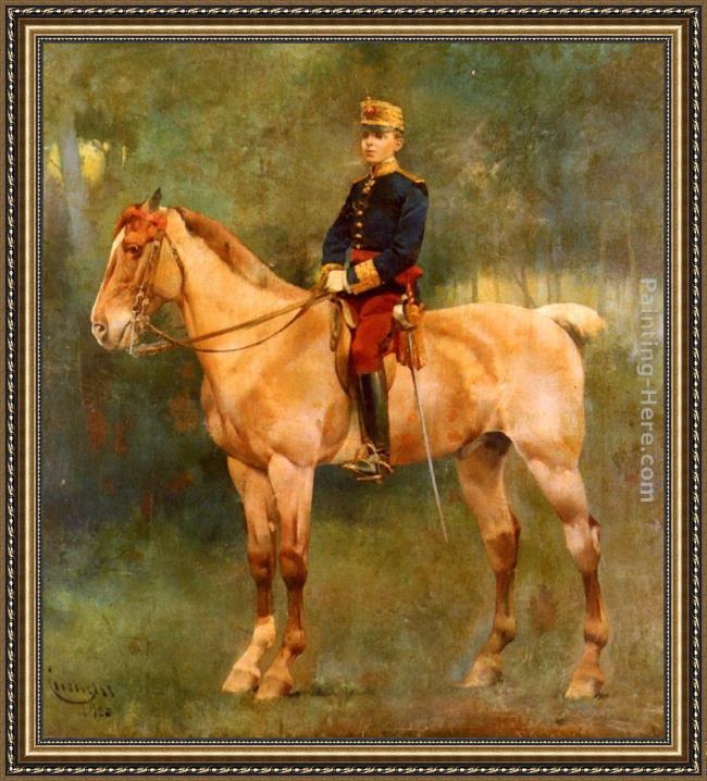 Framed Jose Cusachs y Cusachs a portrait of alfonso iii on horseback painting