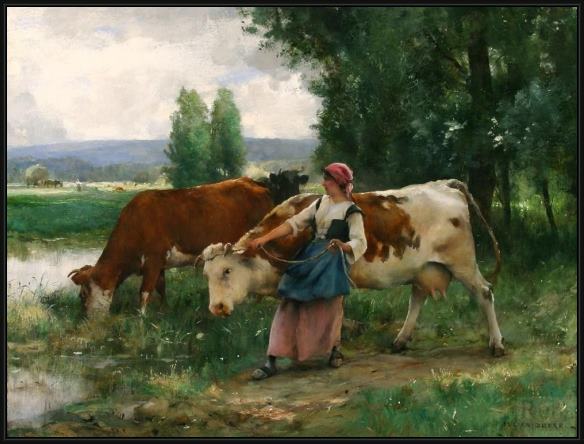 Framed Julien Dupre femme et vaches par l'eau painting