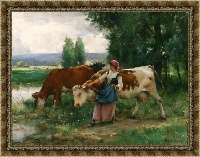 Framed Julien Dupre femme et vaches par l'eau painting