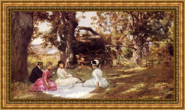 Framed Julius LeBlanc Stewart picnic under the trees painting