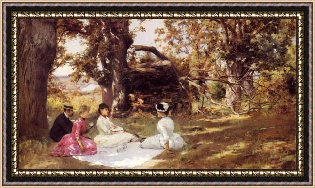Framed Julius LeBlanc Stewart picnic under the trees painting