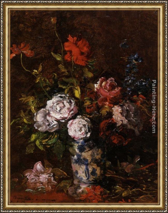 Framed Karl Pierre Daubigny floral still life in a blue and white porcelain vase painting