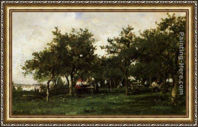 Framed Karl Pierre Daubigny peasants repast painting