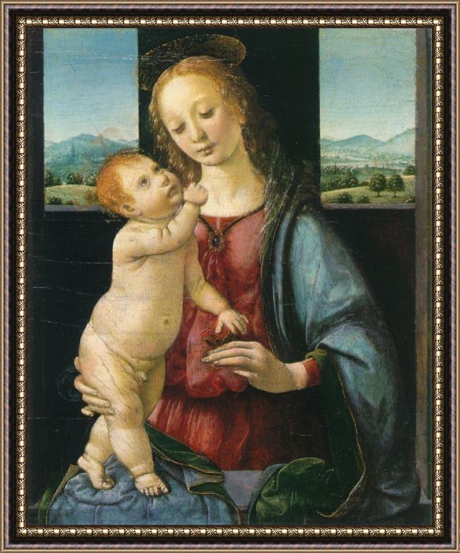 Framed Leonardo da Vinci madonna and child with a pomegranate painting