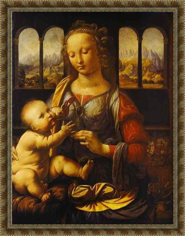 Framed Leonardo da Vinci madonna with the carnation painting