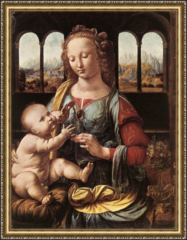 Framed Leonardo da Vinci the madonna of the carnation painting