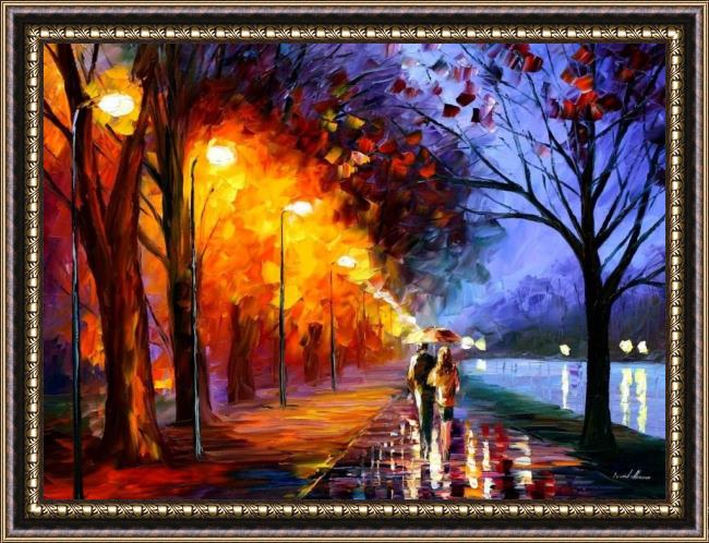 Framed Leonid Afremov alley by the lake painting